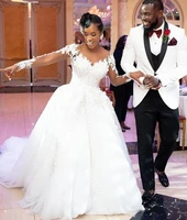 sheer neckline african wedding dresses long sleeevs lace applique a line tulle bridal gowns 2021 court train vestidos de novia