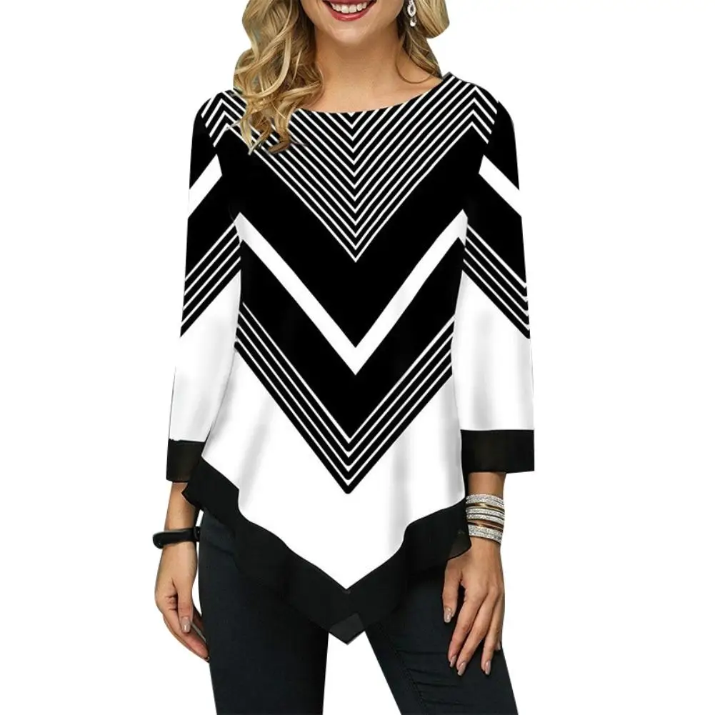 

Casual Comfortable Women Autumn 3/4 Sleeve V Shape Stripes Print Irregular Hem Loose shirt