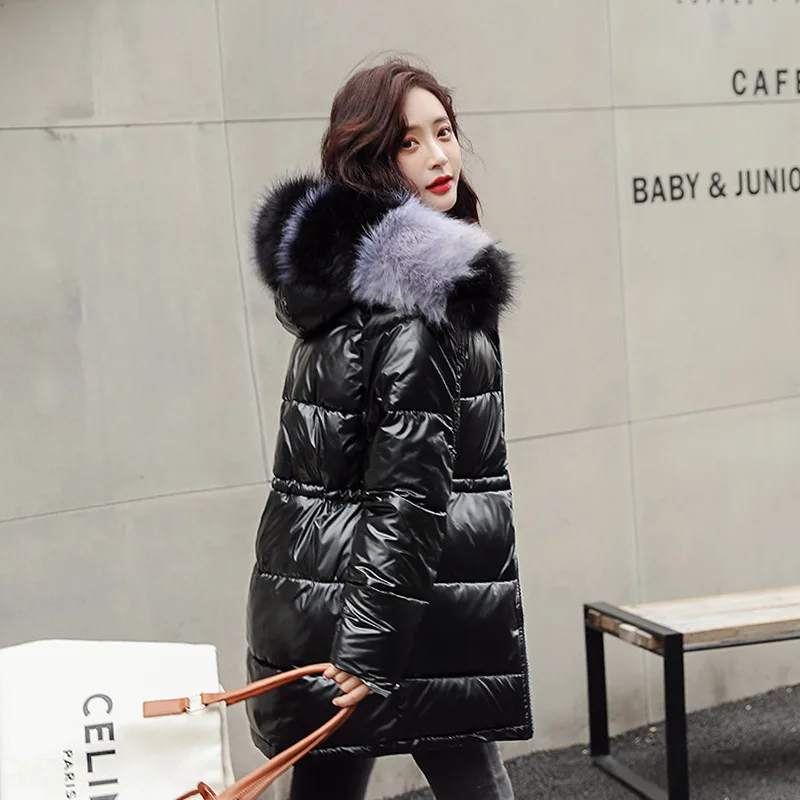 Модные женские блестящие Серебристые пуховики средней длины пальто с большим