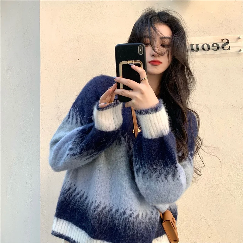 

Korean Gradient Sweater Women Autumn Winter Knitting Pullover Female Casual All-Match Contrast Color Mohair Sweaters Tops Jumper
