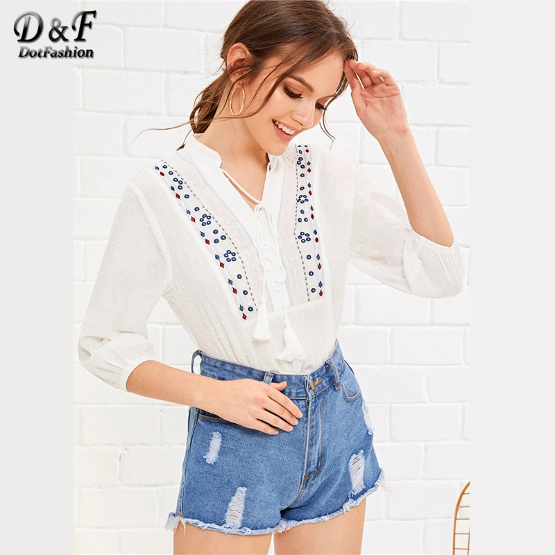 Dotfashion/белая блузка с v-образным вырезом и галстуком-бабочкой и вышивкой для женщин, летние блузы с рукавом 3/4