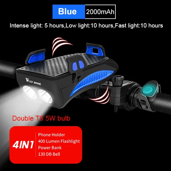 2000 mAh Blue WEST BIKING 4 в 1 велосипедный светильник вспышки светильник велосипед Рог сигнализации колокол держатель телефона Мощность банка для велосипеда, аксессуары для езды на велосипеде, спереди светильник - Цвет: 2000 mAh Blue