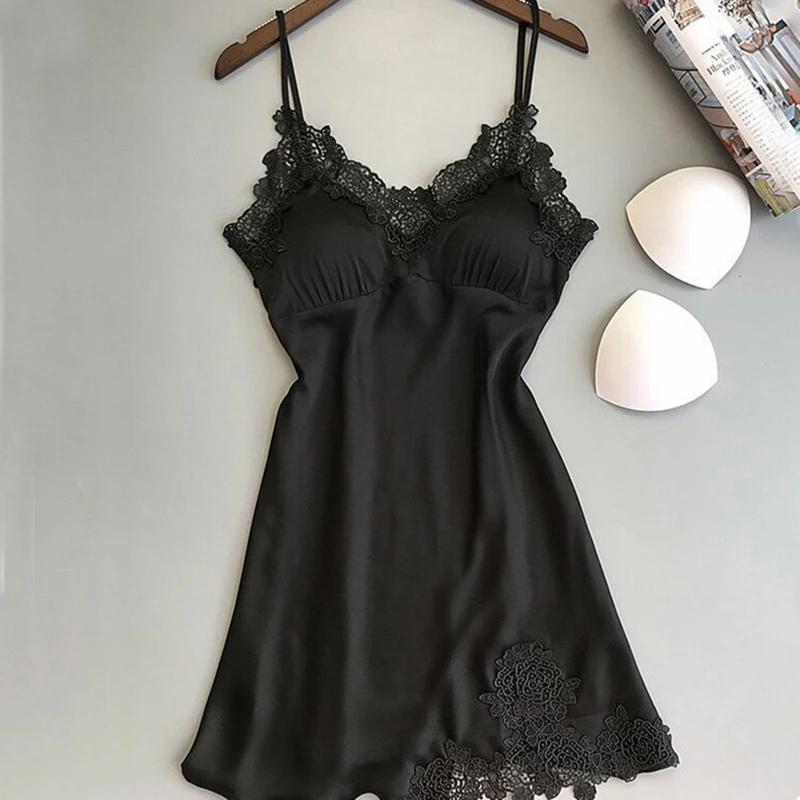 

2021 Female Sexy Nightdress Deep V Lace Sleepwear Women Lingerie Satin Nightie Nightgown Sleeveless Sling Nightwear Home Dress