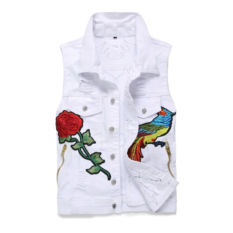 

Fashion Brand Mens Ripped Flower Phoenix Embroidered Jeans Vest White Distressed Sleeveless Black White Denim Jackets 573#