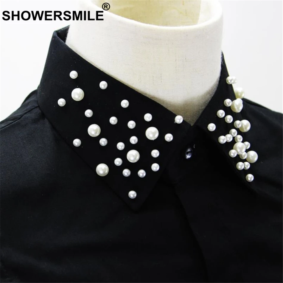 Женский хлопковый свитер SHOWERSMILE черная рубашка со съемным жемчужным воротником