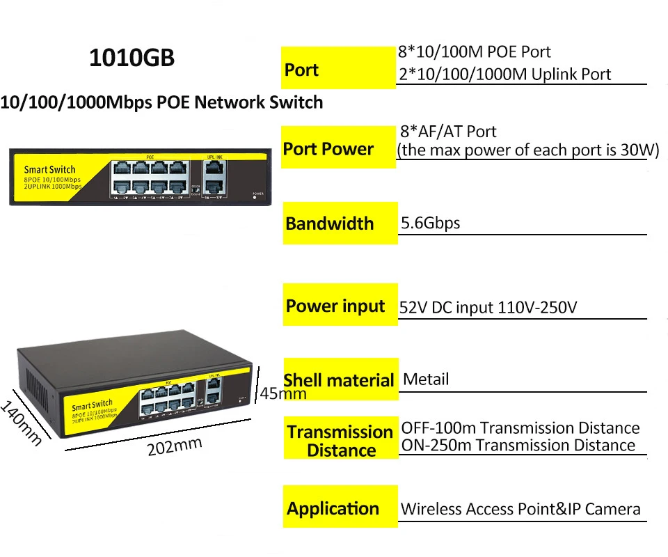 Сетевой коммутатор 48 В POE 10/100/1000 Мбит / с Ethernet 4 портовый 8 сетевой IEEE 802.3 AF AT для IP