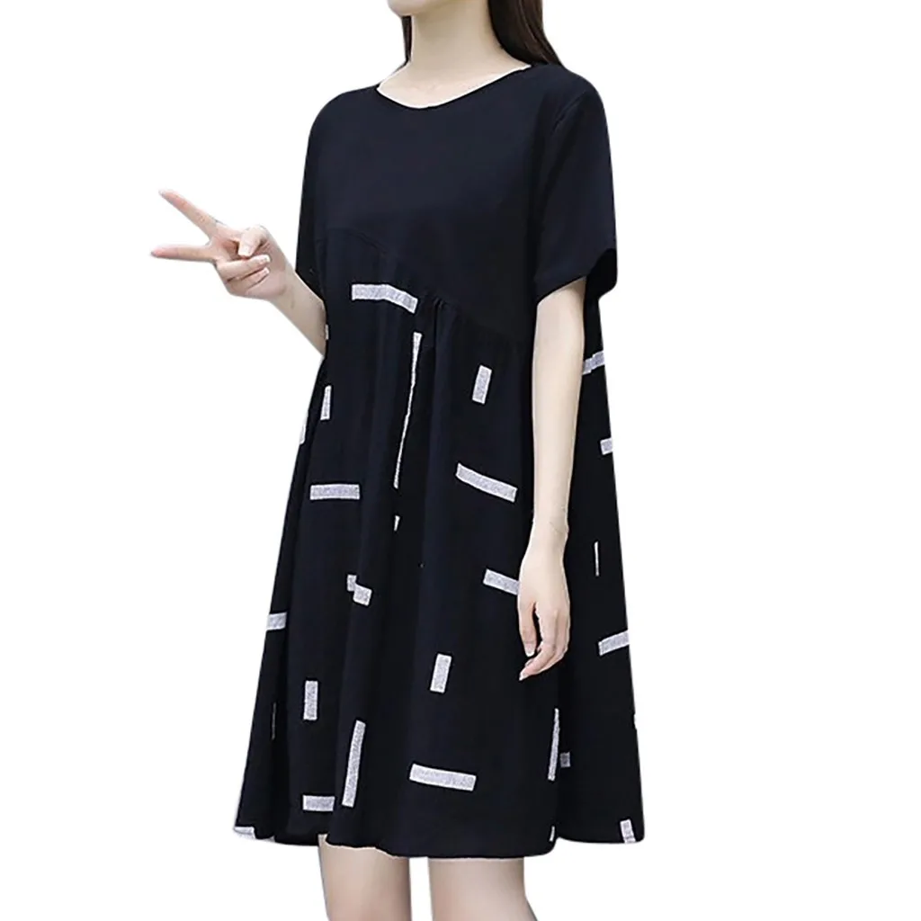 

Fashion Women Casual Dress Round Collar Short Sleeve Ladies Elegant patchwork knee Length Dress Women's Clothing Vestidos #0203