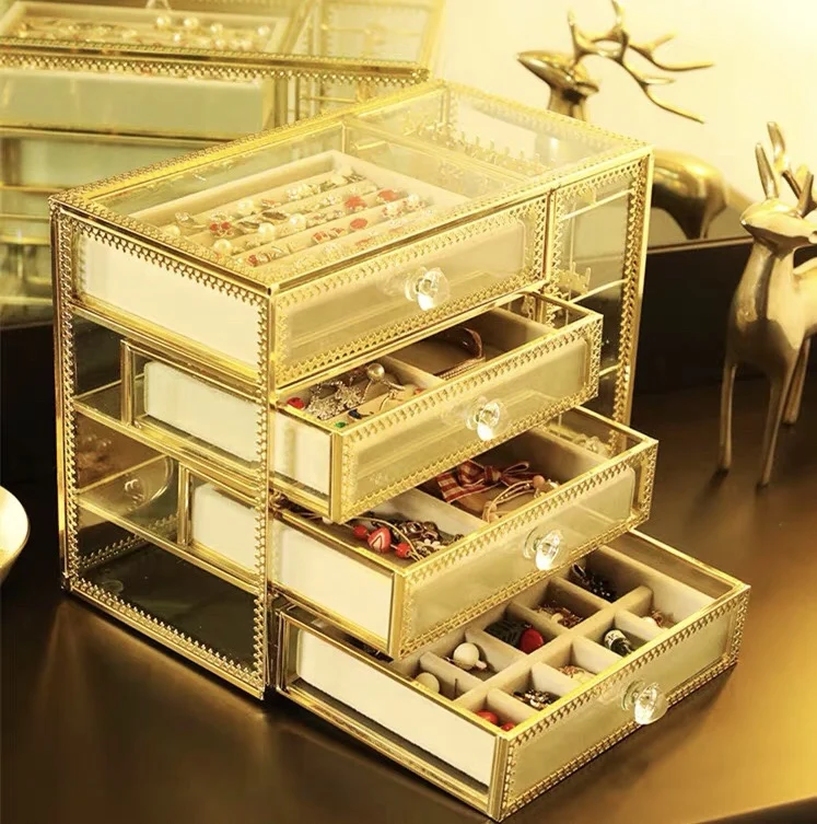 Antique Spacious Mirror Glass Cosmetic Storage Cube Set with 3 Tier Dustproof Drawers Vanity Tray/Gold Metal Makeup | Дом и сад