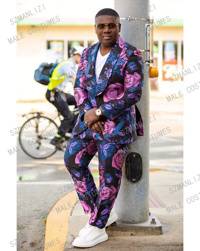 With Pants 2022 Formal Wedding Dress Purple Floral 2 Pieces Set Groom Wedding Suits For Men Tuxedo
