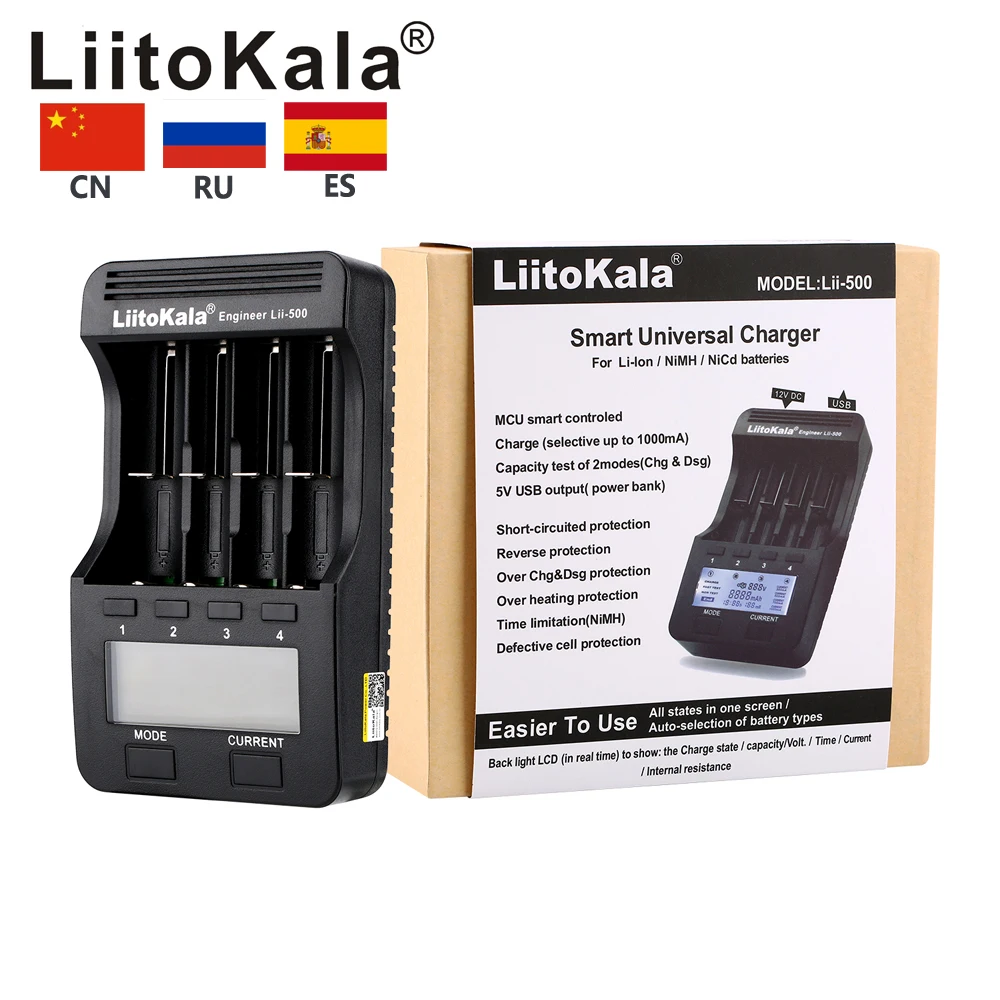 

Liitokala lii-500 LCD 3.7V/1.2V AA/AAA 18650/26650/16340/14500/10440/18500 Battery Charger with screen+12V2A adapte+output 5V1A