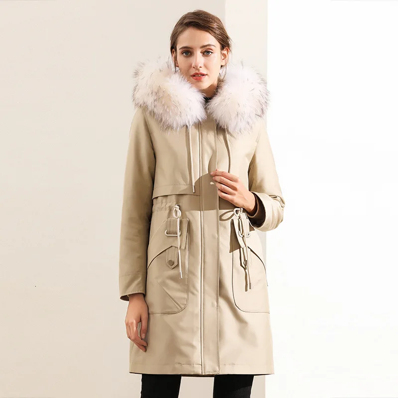 2020 большая длинная куртка с капюшоном и натуральным енотовым воротником Женское
