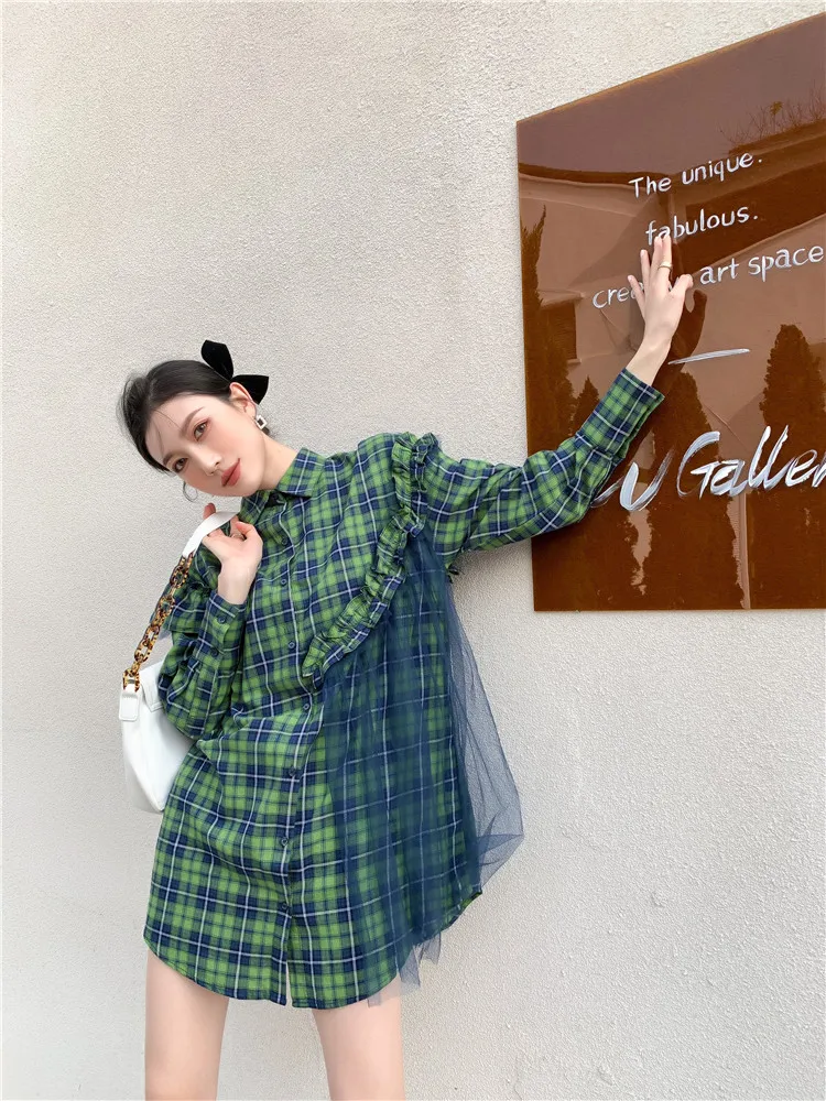 

Plaid Plus Size Turn-Down Collar Long Shirt Dress Spring Vintage Print Patchwork Lace Mesh Single Breasted Fashion Loose Top