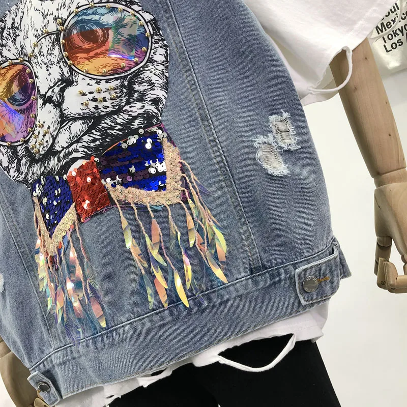 Женский джинсовый жилет летняя свободная однобортная куртка с рисунком кошки