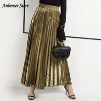 skirt women high waist vintage elegant long pleated skirt female office skirt metallic silver maxi jjupe femmepleated skirt