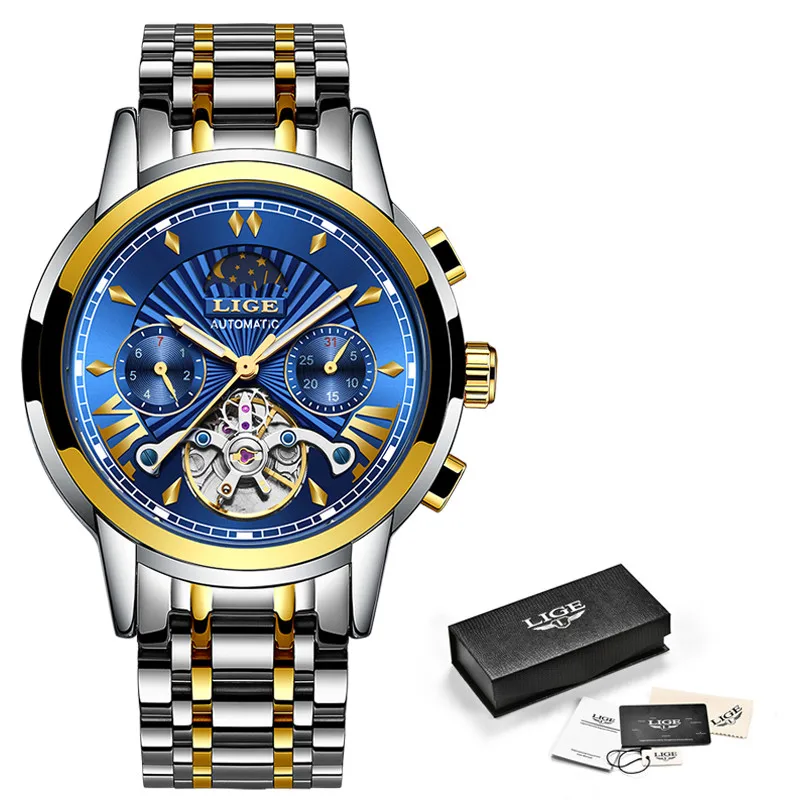 Gold blue LIGE повседневные мужские s часы лучший бренд класса люкс автоматические механические деловые часы мужские водонепроницаемые наручные часы Reloj Hombres Tourbillon - Цвет: Gold blue