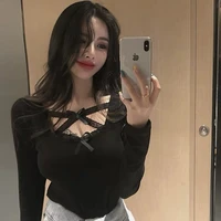 autumn and winter cotton long sleeved slim top women black bow low cut u neck t shirt sexy feminine clothes