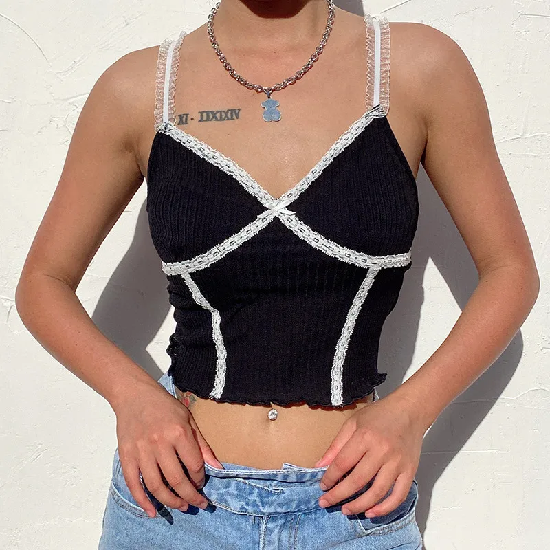 

White Lace Patchwork Black Mini Suspender Beauty Sexy Crop Cool Summer V-neck Suspender Slim Vest Y2k Accessories Short Tops
