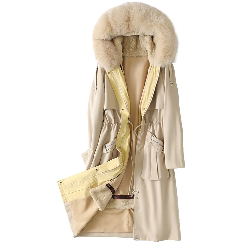 Европейские зимние парки пальто с капюшоном из лисьего меха Женская Длинная