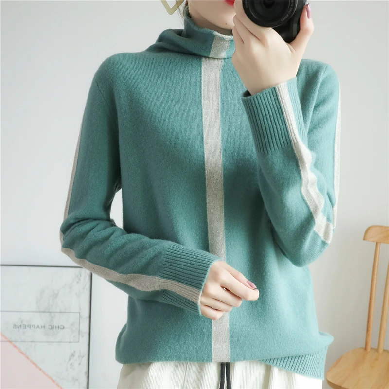 

This Year Autumn Winter Color Matching Pile Collar 100% Pure Wool Sweater Pullover Women Simple Loose Inside Lazy Cashmere Shirt