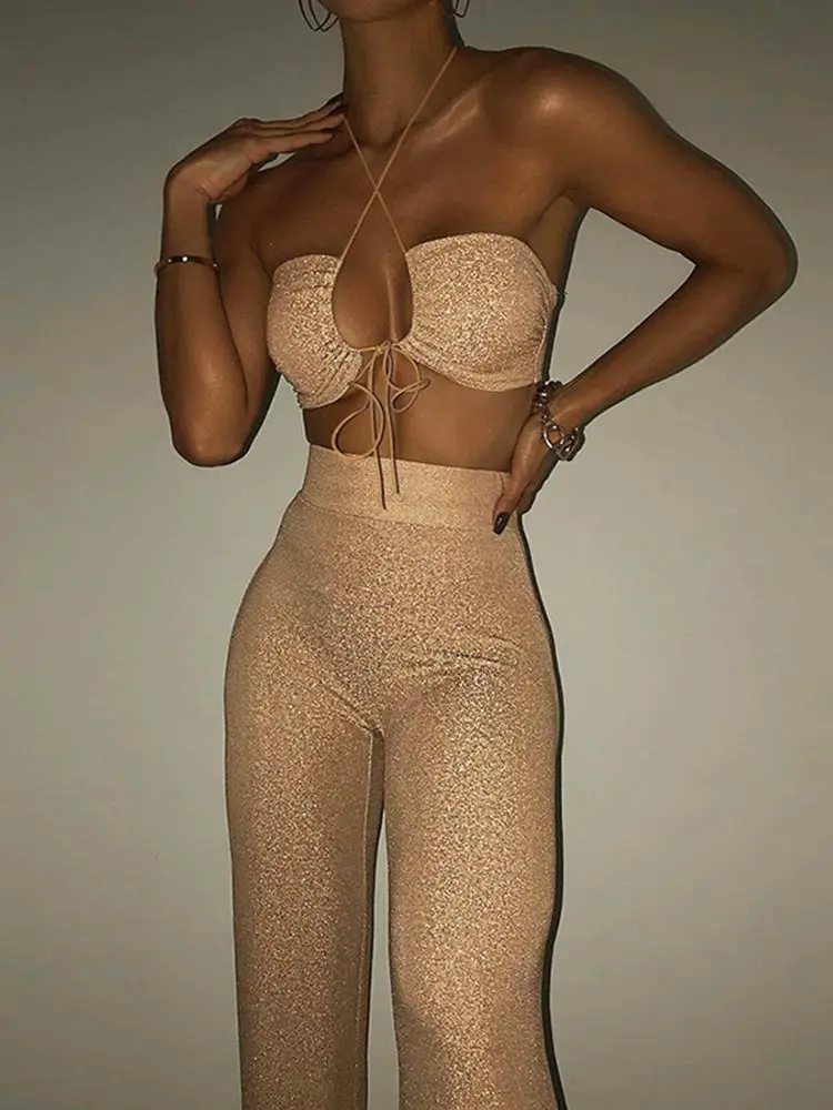 

Пикантный комплект из двух предметов Giyu с вырезами, Женский бандажный укороченный топ с лямкой на шее, костюм с длинными прямыми брюками, Же...