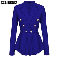 cinessd women blazer coats notched long sleeves double breasted metal button slim casual suits jackets solid cotton lady blazers