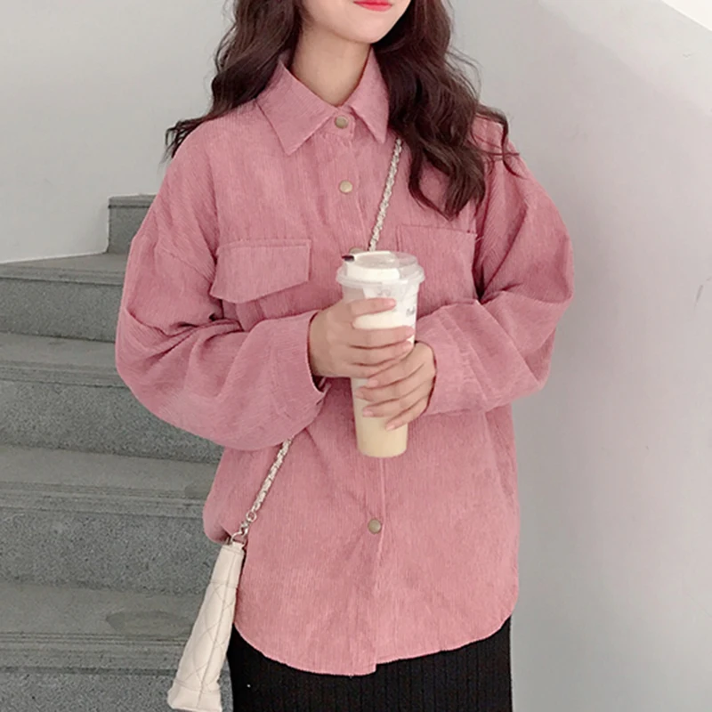 Женская Вельветовая куртка однотонная винтажная с отложным воротником длинным