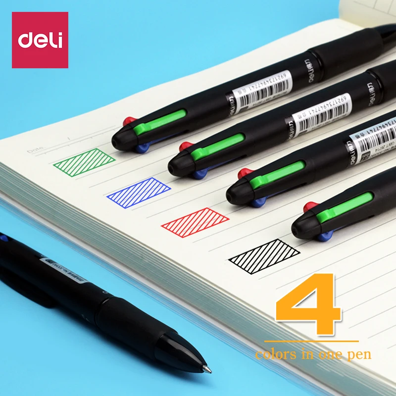 Многоцветная шариковая ручка Deli четырех в одном цвете с масляным прессом