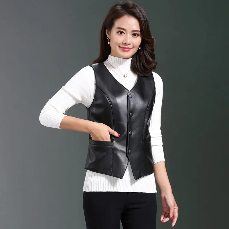

New Autumn Winter Woman Black PU Leather Waistcoats Female Motorcycle Vest Coats Ladies Sleeveless Vests Large Size 5XL A171