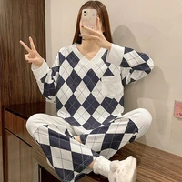 autumn pajamas set for women 2 pieces long sleeve tops with trousers home clothes simple stripe loungewear cotton nightwear suit