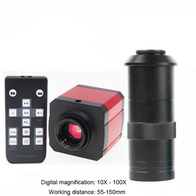 100X with Lens 24MP 1080P 60FPS HD HDMI USB промышленный лабораторный микроскоп Видео камера TF слот для карт C-Mount объектив 144 светодиодный кольцевой свет - Цвет: 100X with Lens