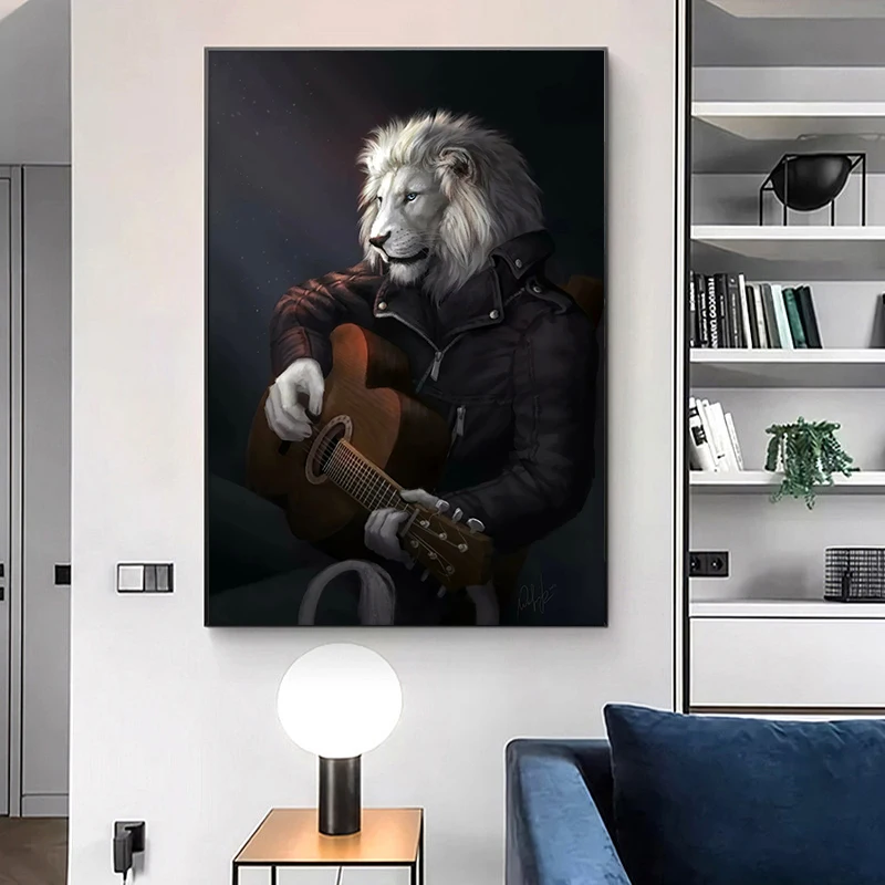 

Modern Animal Canvas Art Wall Painting Print on Canvas Lion Gentleman Playing Guitar Picture for Living Room Home Decoration