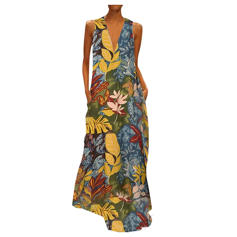 

Длинная юбка, летняя юбка, платье с цветным принтом и V-образным вырезом