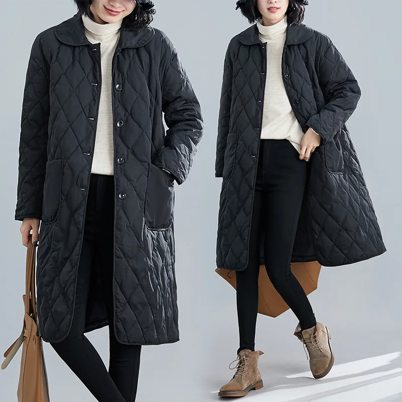 Women Fashion Black Argyle Coats 2021 Winter Women Elegant Turn Down Collar Cotton Jackets Single-breasted Warm Long Parkas