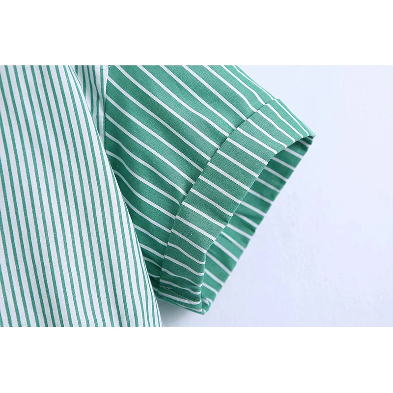 

2021 Summer Women Patchwork Striped Poplin Blouse Short Sleeve Chic Female Crop Shirt Blusas Femininas BB1269