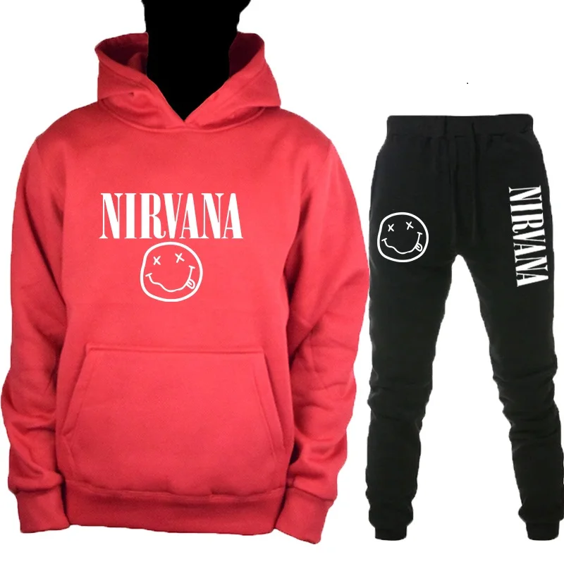 RedB-HeiK Новинка, осенняя и зимняя теплая толстовка Nirvana, Мужская/Женская модная Толстовка в стиле хип-хоп+ брюки, костюм из 2 предметов - Цвет: RedB-HeiK