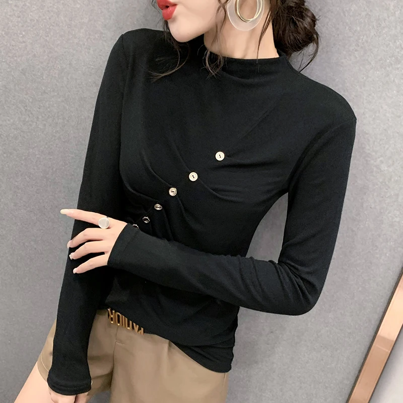 

Женская хлопковая футболка на пуговицах, Повседневная футболка с ложным воротником и длинными рукавами, драпировка в европейском стиле, Ос...