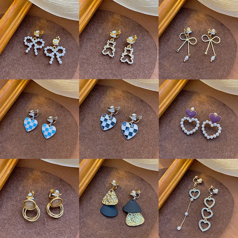 

Fashion Charm Creative Pearl Clip on Earrings Cute Heart Bow Handmade No Pierced Earring Womens Ear Clips Jewelry