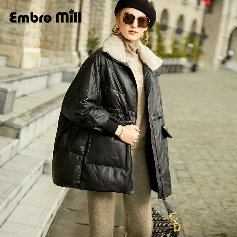 

Mink Fur Collar Fur Jacket Women Winter New Street Style High-End Sheep Skin +White Duck Down Lady Down Coat S-XL