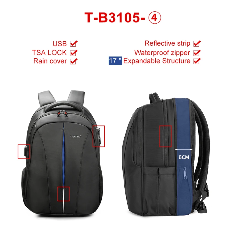 Tigernu USB Классический Стиль Мужчины Рюкзак Студент Рюкзак Сумки Водонепроницаемый 15." Ноутбук Рюкзак Мужчины Рюкзак Mochila Мешок