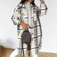 2020 winter women checked jacket casual oversized turn down collar long coat female thick warm woolen blends overcoat streetwear