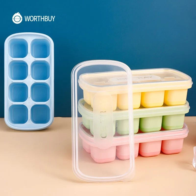 WORTHBUY 8 Grids Ice Cube Mold With Dustproof Lid Silicone Tray Maker For Kids Ball Shape Forms Kitchen Accessories | Дом и сад