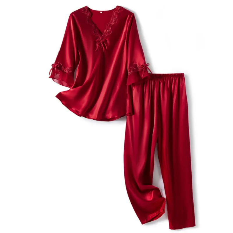 

Women Satin Silk Pajama Sets Female Sleepwear Nightwear Two Piece Set Three Quarter Sleeve Nuisette