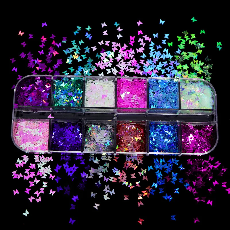 

15Set 12 Grids Nail Art Decorations Colorful Butterfly Nail Glitter Sequins Sparkly 3D Thin Butterfly Nail Art Wholesale