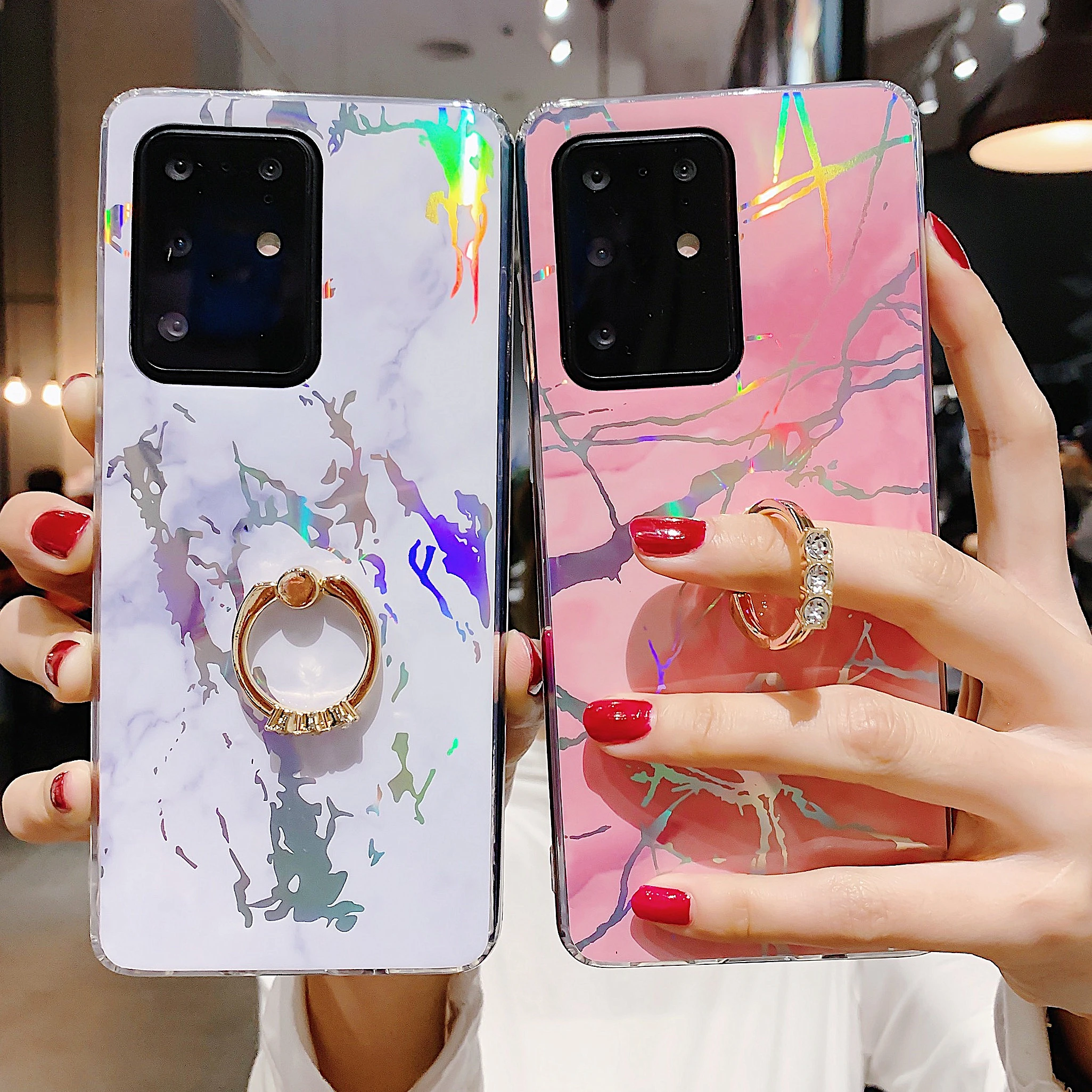 Чехол подставка с градиентным лазерным мраморным кольцом для Samsung S20 Ultra + Note 10 A50 A70