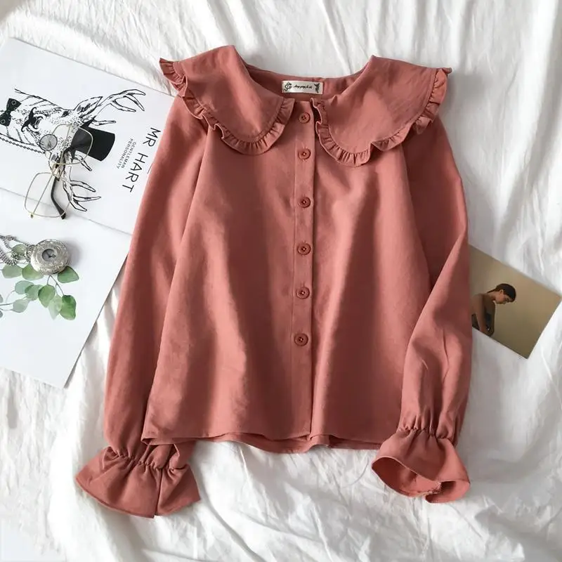 

2022 Spring Autumn Women New Long Sleeve Loose Shirts Female Peter Pan Collar Button Shirts Ladies Solid Casual Blouses P769