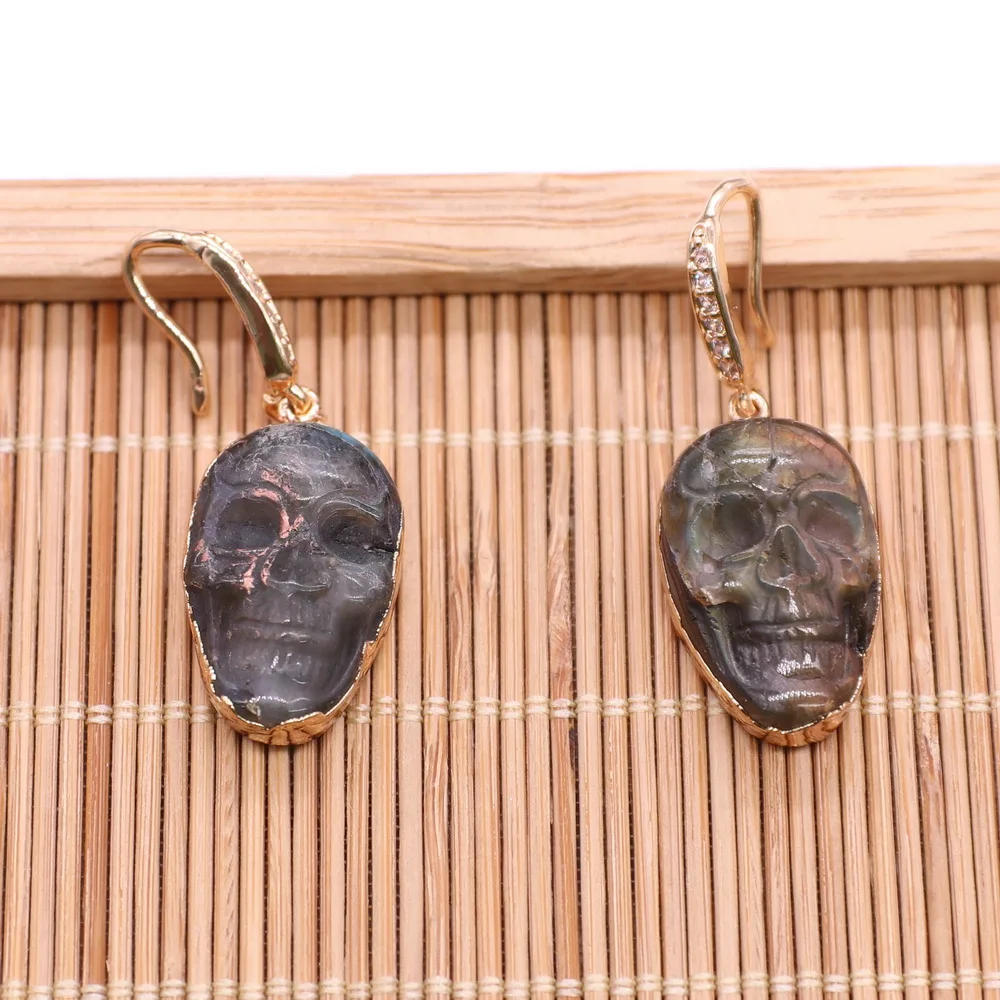 Серьги с черепом и лабрадоритом для Хэллоуина латунным крючком из фианита