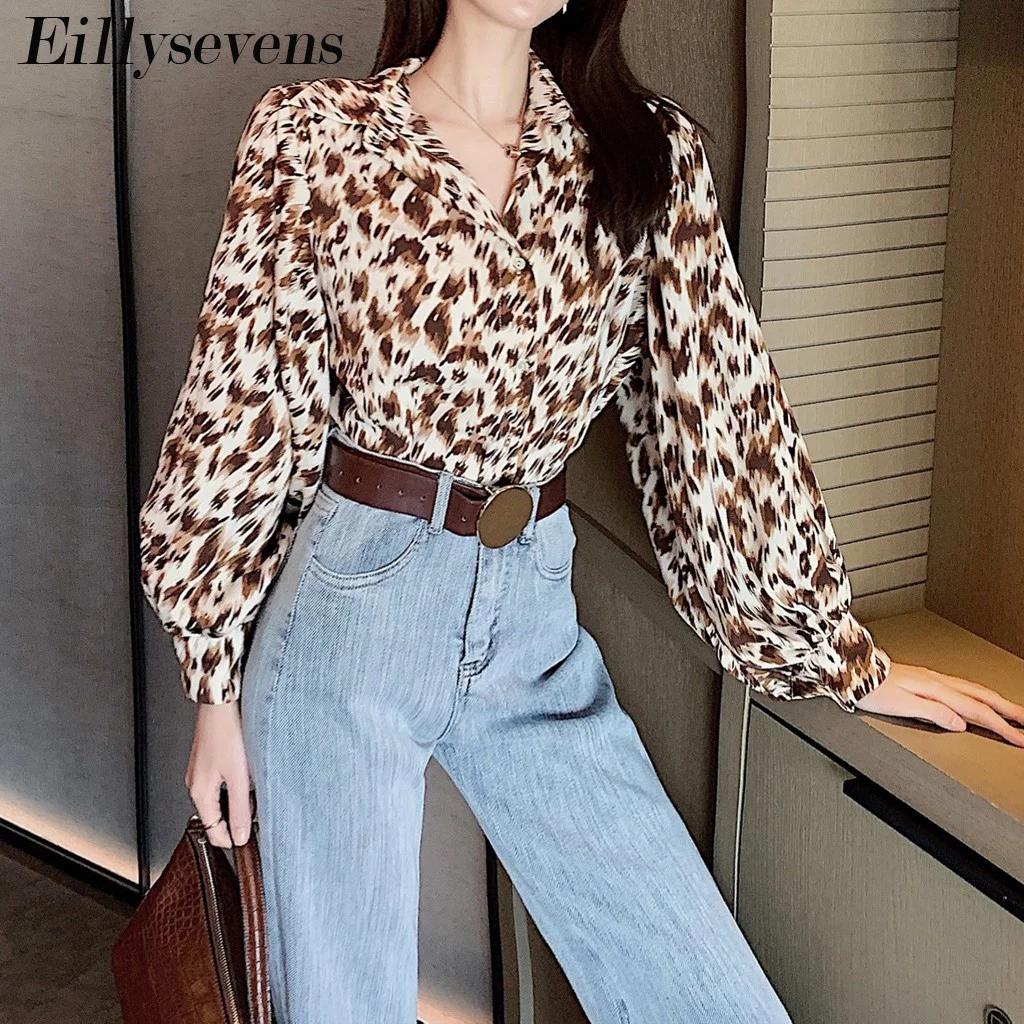 Женская леопардовая блузка с длинным рукавом фонариком повседневная свободная