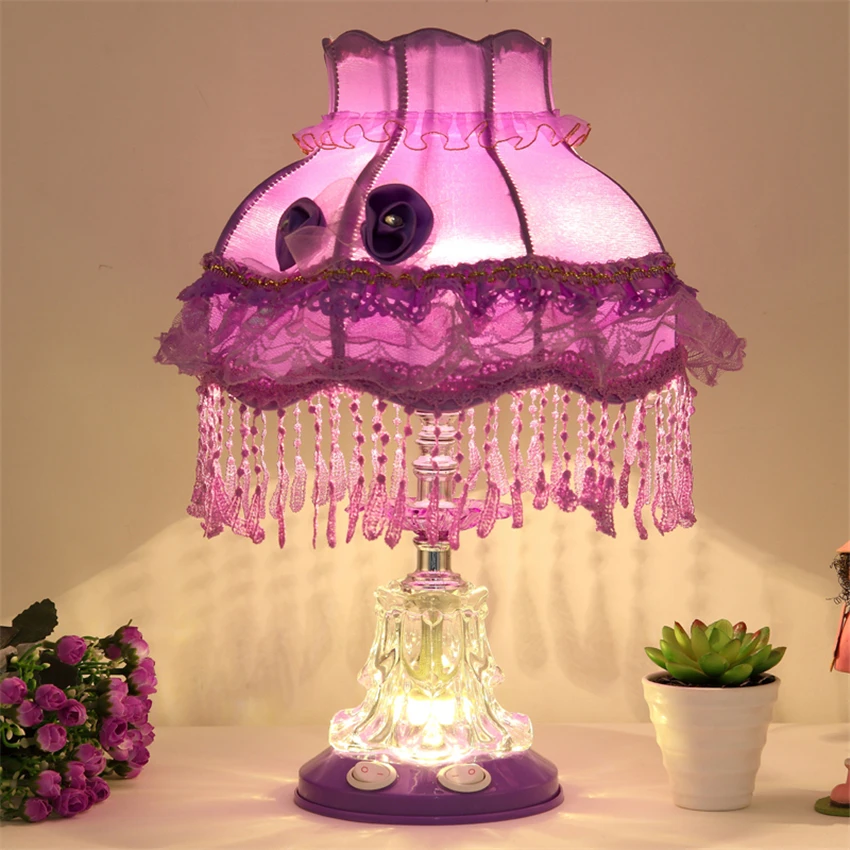Европейский розовый кружевной тканевый Настольный светильник для спальни