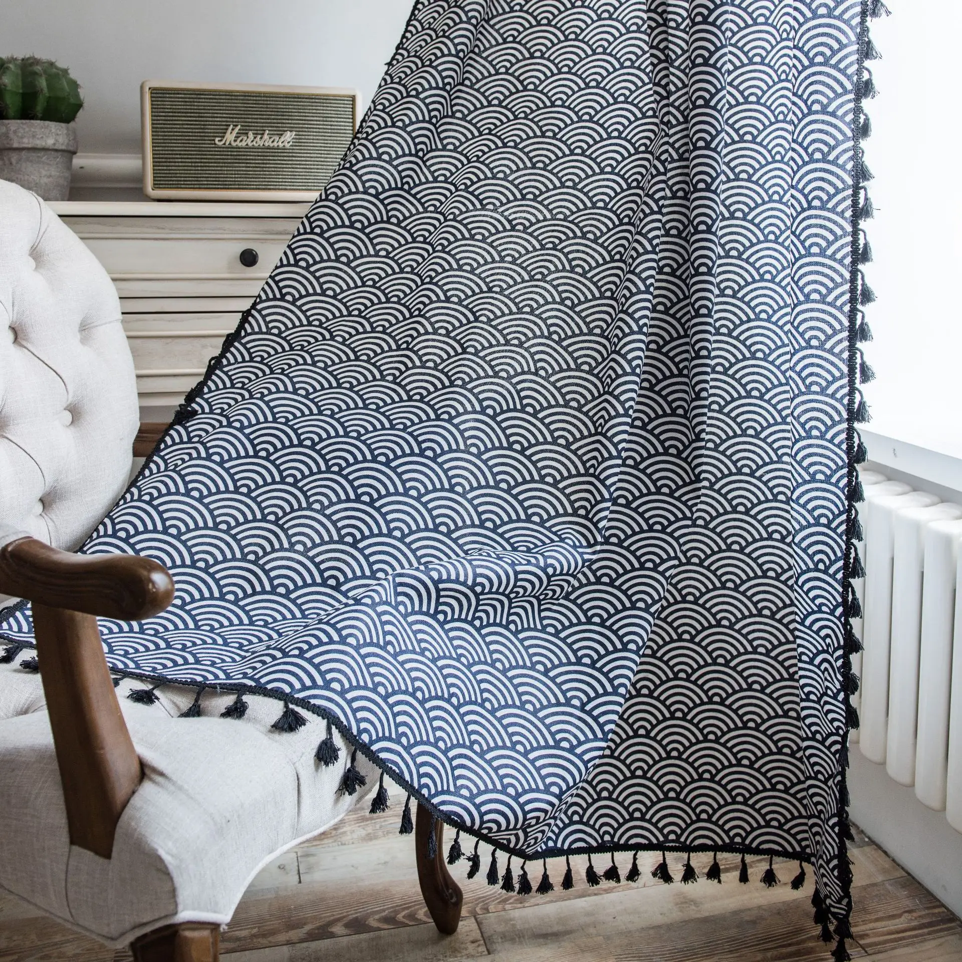 

Blue Geometric Curtain For Bedroom Living room Cotton Linen Printed Decorative Curtains with Tassel Home Decoration