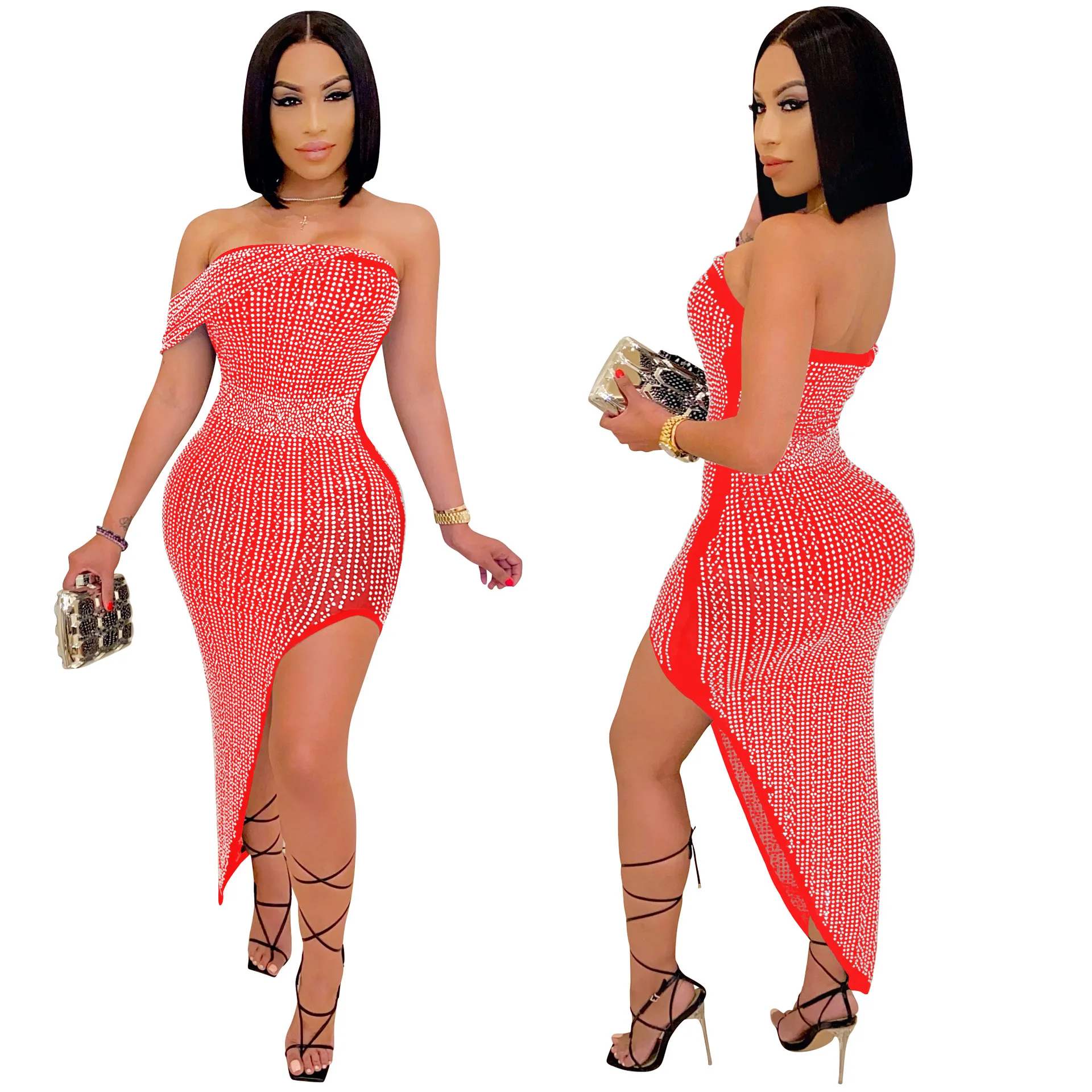 

Full Body Shining High-end Sensual Bare Tube Top Off Shoulder Party Formal Evening Dress Irregular Sleeveless Skinny Plus Size